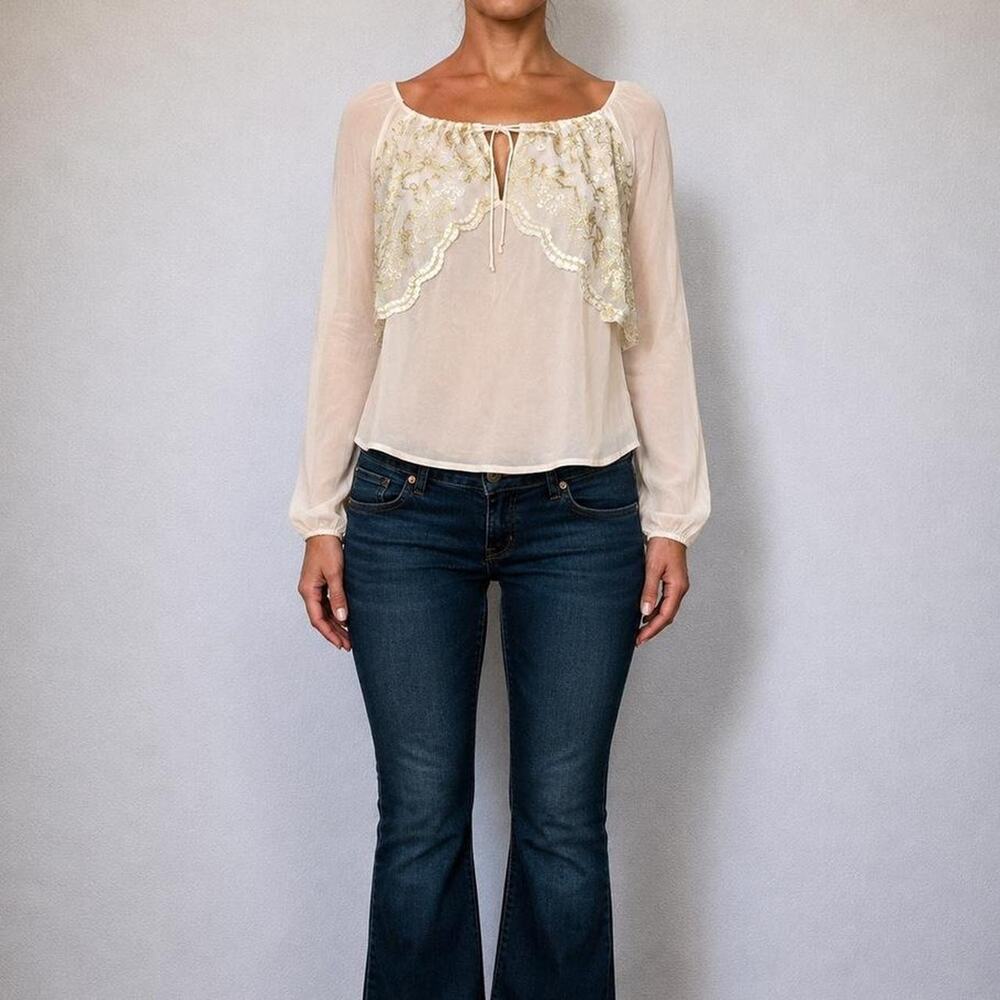 Vintage The Limited Y2K 100% SILK Ivory Embroidered Peasant Fairy Blouse Top M